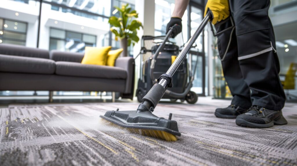 A person steaming a carpet in a commercial building in El Paso.