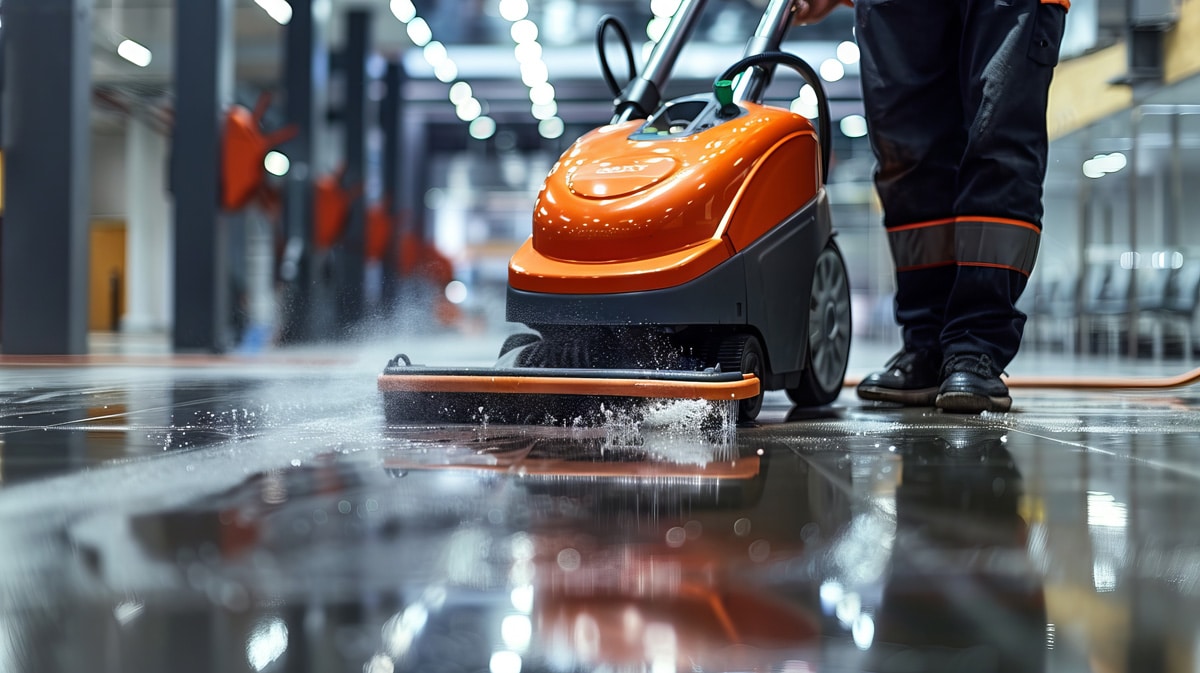 A person using an electric orange cleaning tool on the floor of an El Paso commercial space.